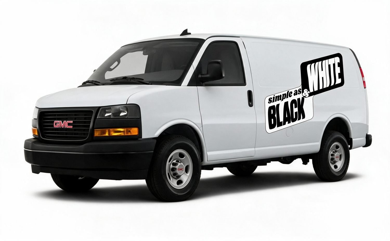 The Simple as Black and White branded GMC cargo van
